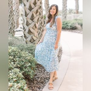 By The River Anthropologie Blue Floral Tie Strap Midi Tiered Summer Dress